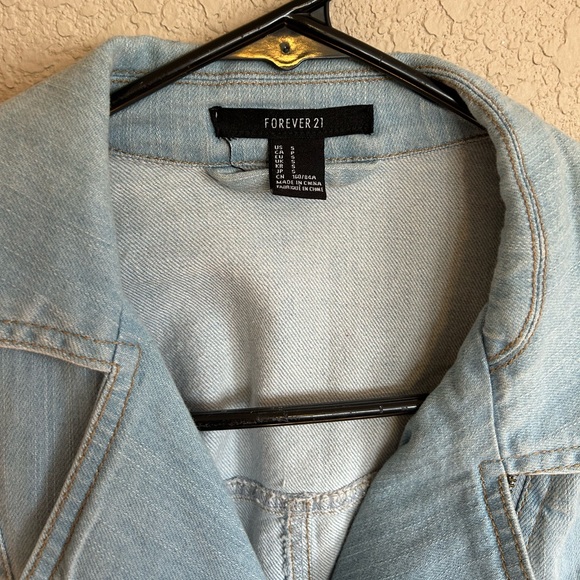Light Blue Jean Jacket with Faux Leather Sleeves, Size Small - Picture 9 of 11